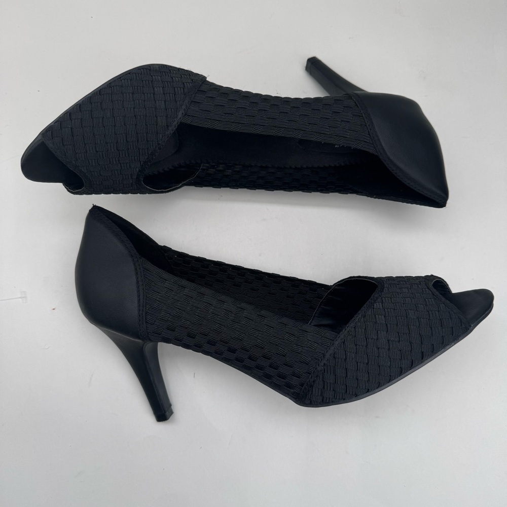 Dexflex Comfort Black Peep-Toe Kitten Heel Pumps Size 12